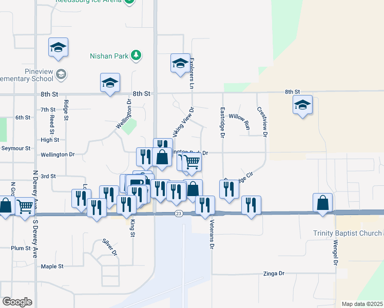 map of restaurants, bars, coffee shops, grocery stores, and more near 1820 Huntington Park Drive in Reedsburg