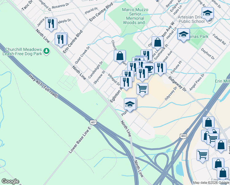 map of restaurants, bars, coffee shops, grocery stores, and more near 3975 Eglinton Avenue West in Mississauga