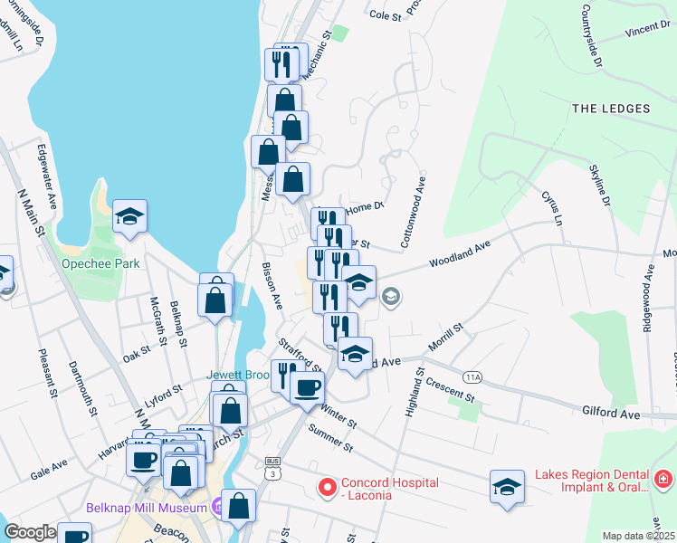 map of restaurants, bars, coffee shops, grocery stores, and more near 385d Union Avenue in Laconia