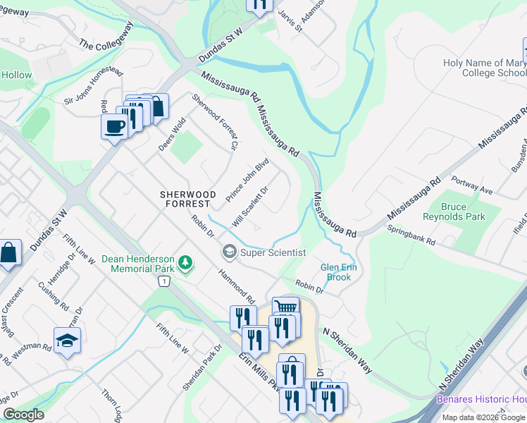 map of restaurants, bars, coffee shops, grocery stores, and more near 2400 Prince John Boulevard in Mississauga