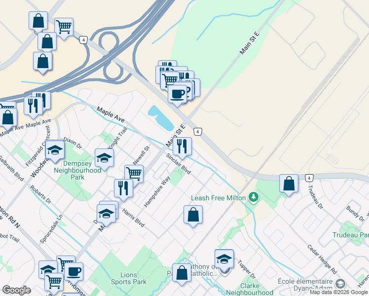 map of restaurants, bars, coffee shops, grocery stores, and more near 1455 Main Street East in Milton