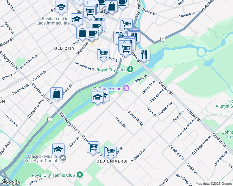 map of restaurants, bars, coffee shops, grocery stores, and more near 1 McCrae Boulevard in Guelph