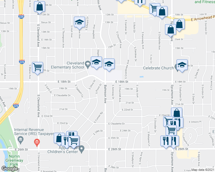 map of restaurants, bars, coffee shops, grocery stores, and more near 1200 South Bahnson Avenue in Sioux Falls