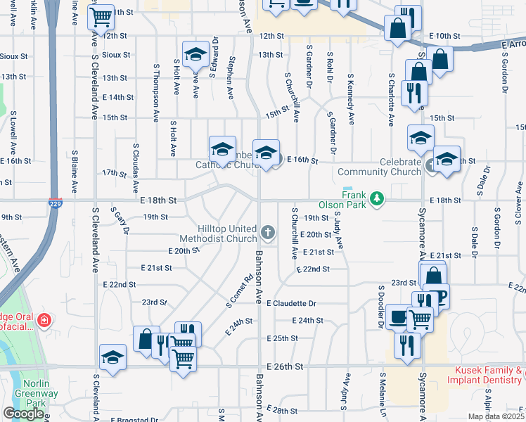 map of restaurants, bars, coffee shops, grocery stores, and more near 1200 South Bahnson Avenue in Sioux Falls