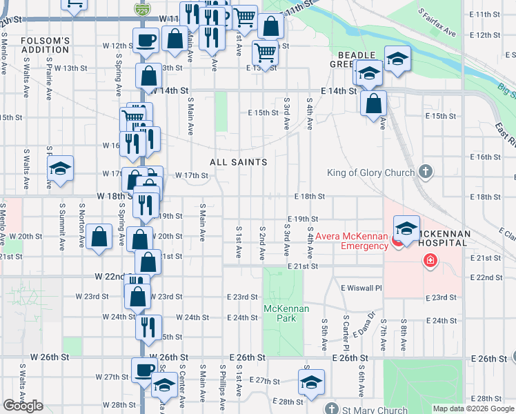 map of restaurants, bars, coffee shops, grocery stores, and more near 1015 South 2nd Avenue in Sioux Falls