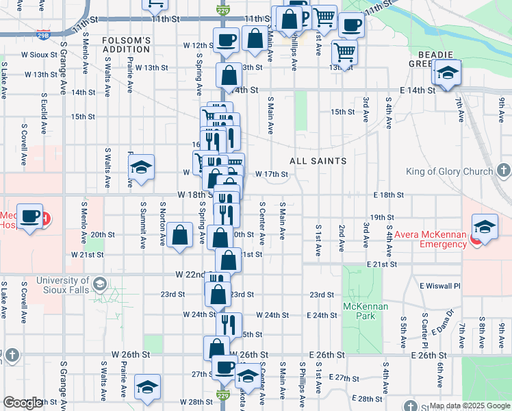 map of restaurants, bars, coffee shops, grocery stores, and more near 1021 South Center Avenue in Sioux Falls