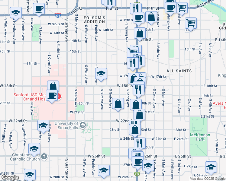 map of restaurants, bars, coffee shops, grocery stores, and more near 1020 South Norton Avenue in Sioux Falls