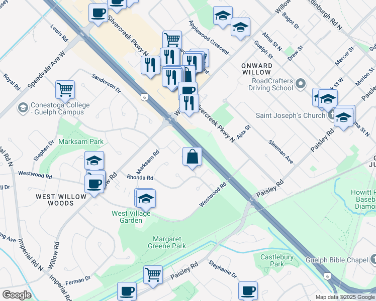 map of restaurants, bars, coffee shops, grocery stores, and more near 49 Rhonda Road in Guelph