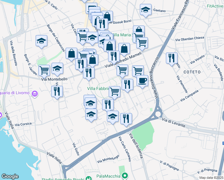 map of restaurants, bars, coffee shops, grocery stores, and more near 8 Via Luigi Pirandello in Livorno