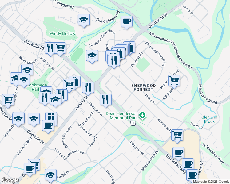 map of restaurants, bars, coffee shops, grocery stores, and more near 2018 Lady Di Court in Mississauga