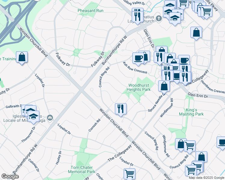 map of restaurants, bars, coffee shops, grocery stores, and more near 3596 Pitch Pine Crescent in Mississauga
