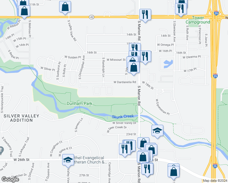 map of restaurants, bars, coffee shops, grocery stores, and more near 1212 South Newport Place in Sioux Falls