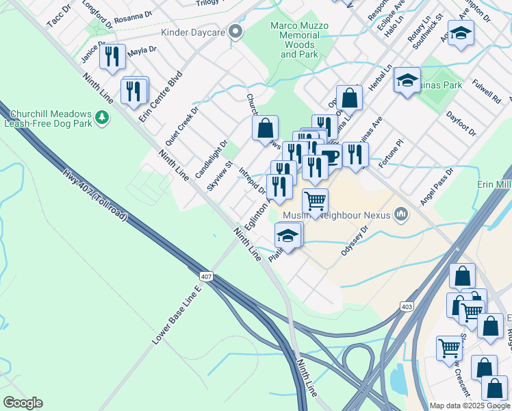 map of restaurants, bars, coffee shops, grocery stores, and more near in Mississauga