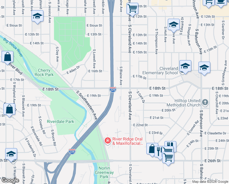 map of restaurants, bars, coffee shops, grocery stores, and more near 1109 South Blaine Avenue in Sioux Falls