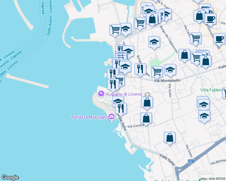 map of restaurants, bars, coffee shops, grocery stores, and more near 141 Viale Italia in Livorno