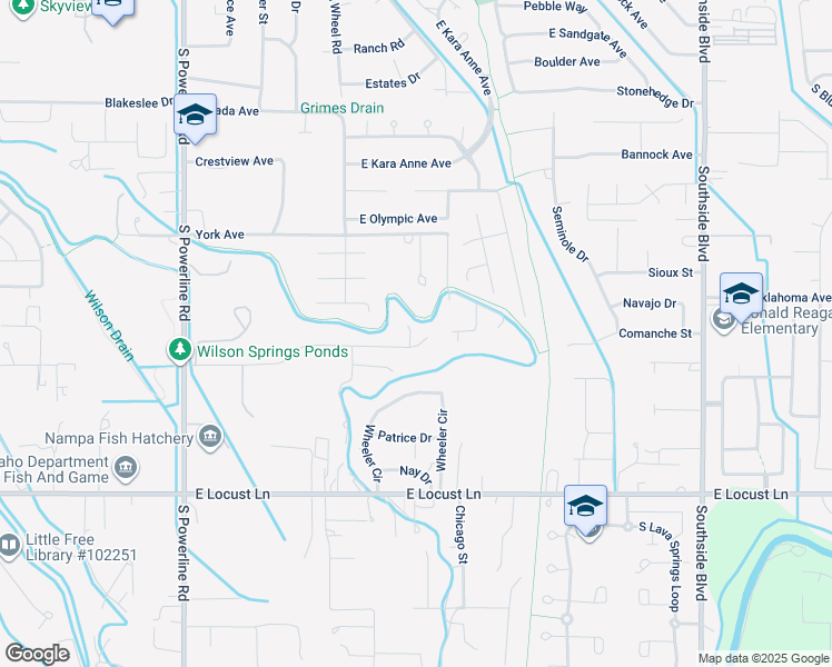 map of restaurants, bars, coffee shops, grocery stores, and more near 2121 Primrose Drive in Nampa