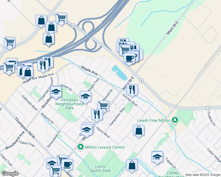 map of restaurants, bars, coffee shops, grocery stores, and more near 1247 Newell Street in Milton