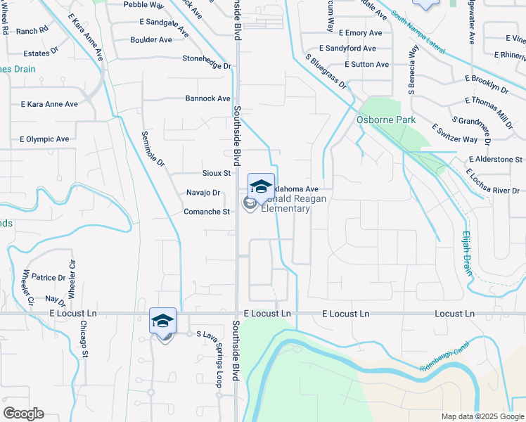 map of restaurants, bars, coffee shops, grocery stores, and more near 3400 Southside Boulevard in Nampa