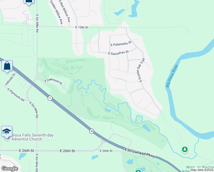 map of restaurants, bars, coffee shops, grocery stores, and more near 1104 South Balsam Circle in Sioux Falls