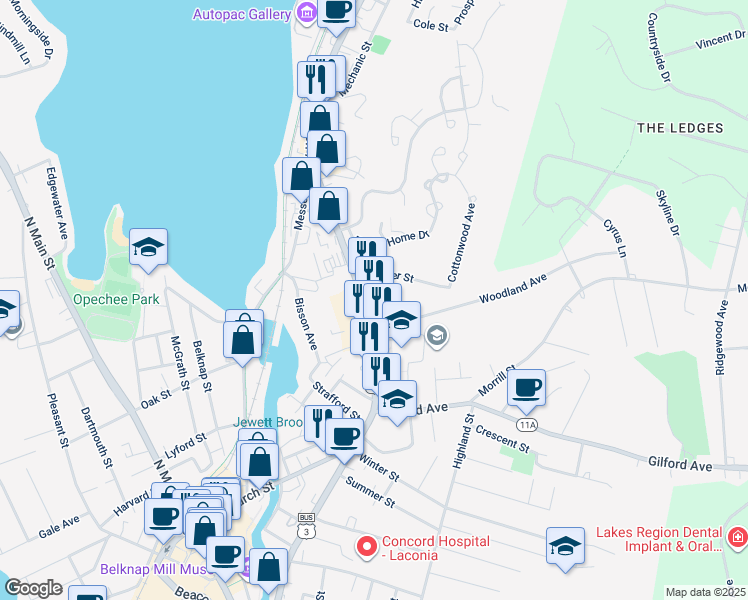 map of restaurants, bars, coffee shops, grocery stores, and more near 385d Union Avenue in Laconia