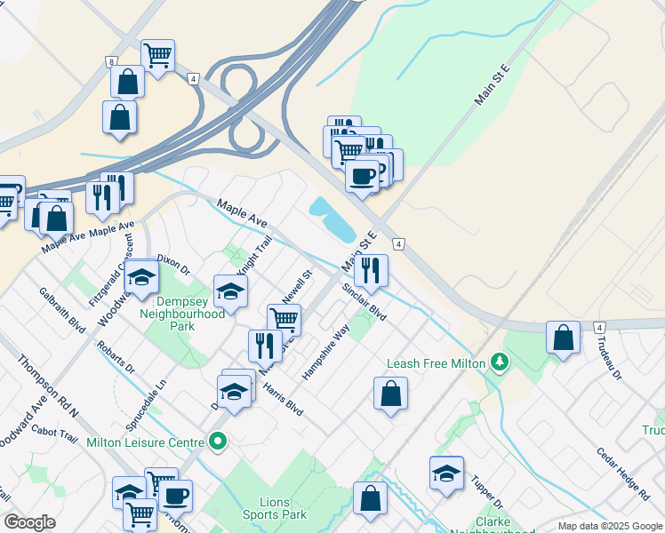 map of restaurants, bars, coffee shops, grocery stores, and more near in Milton