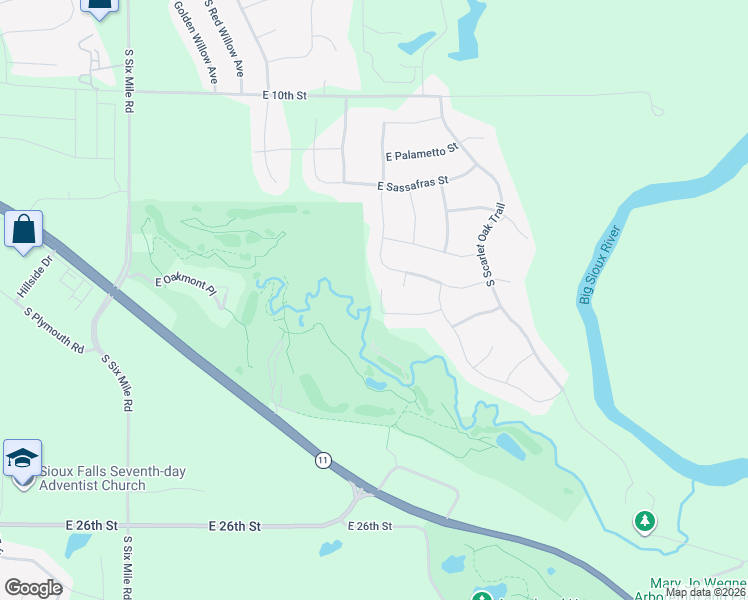 map of restaurants, bars, coffee shops, grocery stores, and more near 1104 South Balsam Circle in Sioux Falls