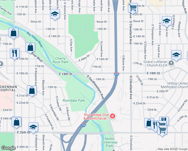 map of restaurants, bars, coffee shops, grocery stores, and more near 2200-2598 E 19th St in Sioux Falls
