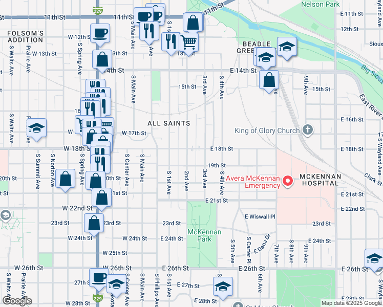 map of restaurants, bars, coffee shops, grocery stores, and more near 312 East 19th Street in Sioux Falls