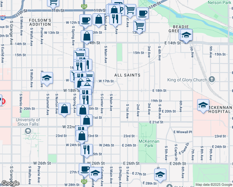 map of restaurants, bars, coffee shops, grocery stores, and more near 1012 South Main Avenue in Sioux Falls