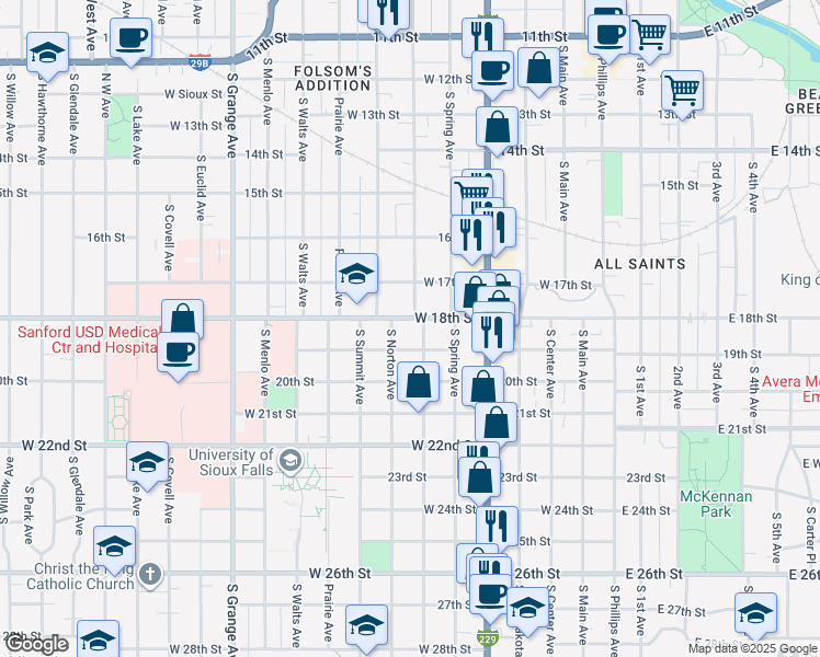 map of restaurants, bars, coffee shops, grocery stores, and more near 1020 South Norton Avenue in Sioux Falls