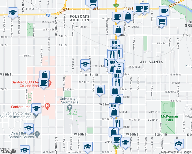 map of restaurants, bars, coffee shops, grocery stores, and more near 1020 South Norton Avenue in Sioux Falls
