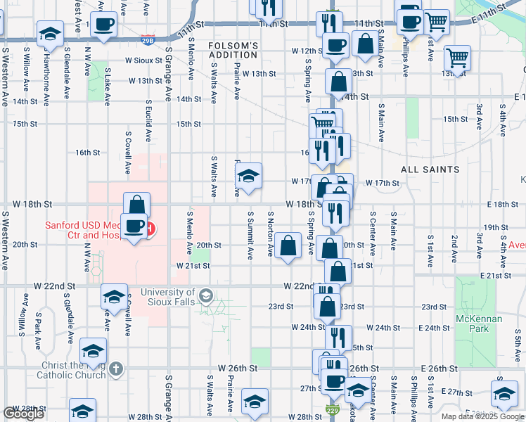 map of restaurants, bars, coffee shops, grocery stores, and more near 1020 South Norton Avenue in Sioux Falls