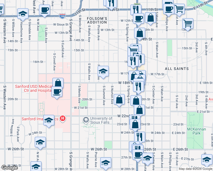 map of restaurants, bars, coffee shops, grocery stores, and more near 1017 South Summit Avenue in Sioux Falls