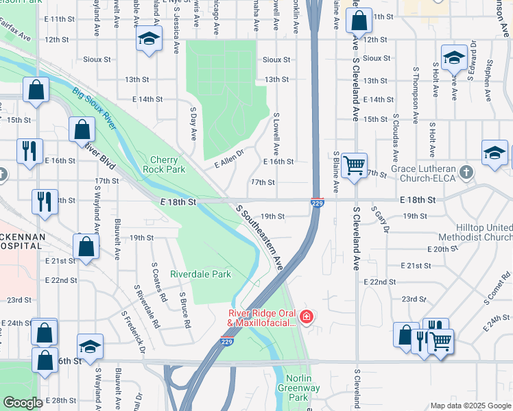 map of restaurants, bars, coffee shops, grocery stores, and more near 2200-2598 E 19th St in Sioux Falls