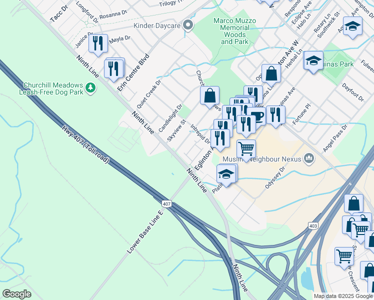 map of restaurants, bars, coffee shops, grocery stores, and more near 5050 Intrepid Drive in Mississauga