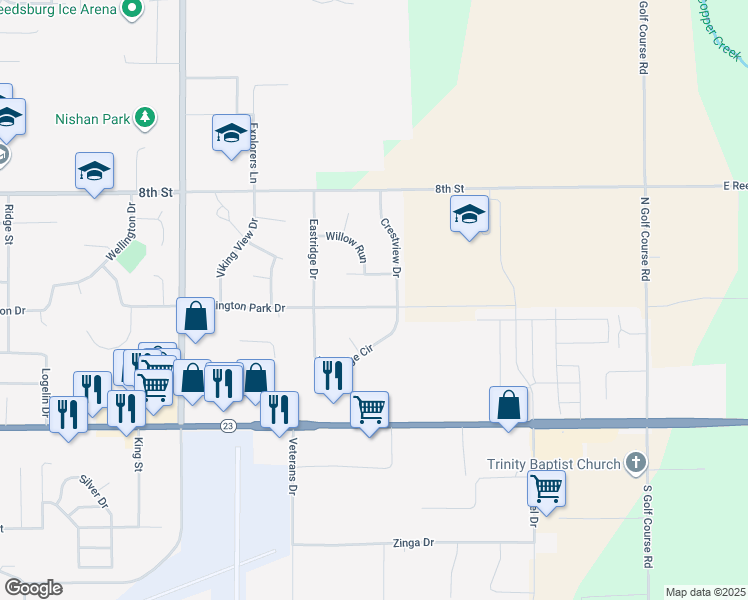 map of restaurants, bars, coffee shops, grocery stores, and more near 2138 Huntington Park Drive in Reedsburg