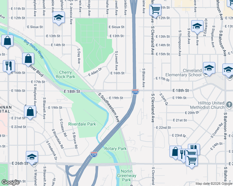 map of restaurants, bars, coffee shops, grocery stores, and more near 2200-2598 E 19th St in Sioux Falls