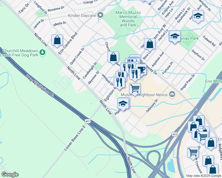 map of restaurants, bars, coffee shops, grocery stores, and more near 3975 Eglinton Avenue West in Mississauga