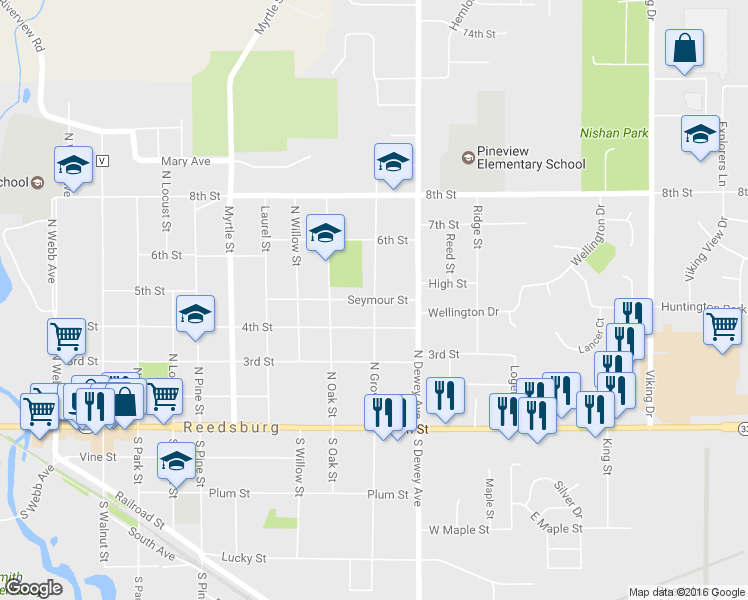 map of restaurants, bars, coffee shops, grocery stores, and more near 998 Seymour Street in Reedsburg