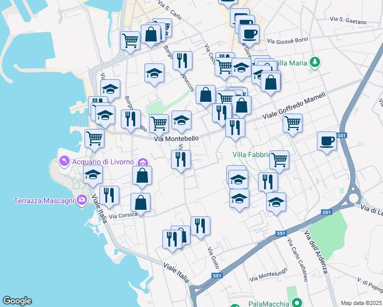 map of restaurants, bars, coffee shops, grocery stores, and more near 18 Via Costanzo Ebat in Livorno