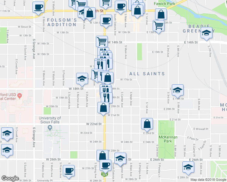 map of restaurants, bars, coffee shops, grocery stores, and more near 1008 South Dakota Avenue in Sioux Falls