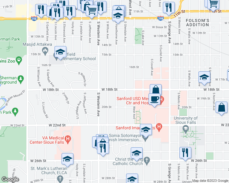map of restaurants, bars, coffee shops, grocery stores, and more near 1901 West 18th Street in Sioux Falls