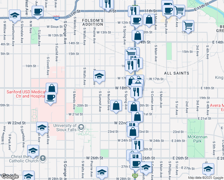 map of restaurants, bars, coffee shops, grocery stores, and more near 1020 South Norton Avenue in Sioux Falls