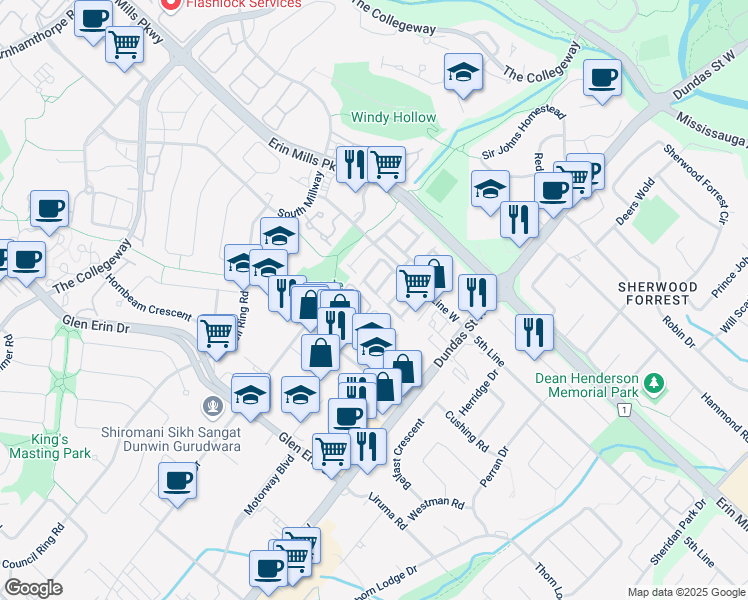 map of restaurants, bars, coffee shops, grocery stores, and more near 3100 Fifth Line West in Mississauga
