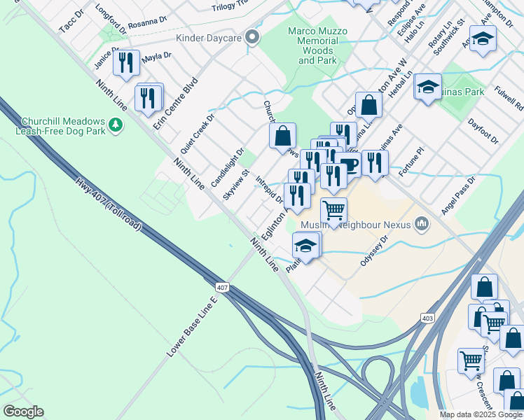 map of restaurants, bars, coffee shops, grocery stores, and more near in Mississauga