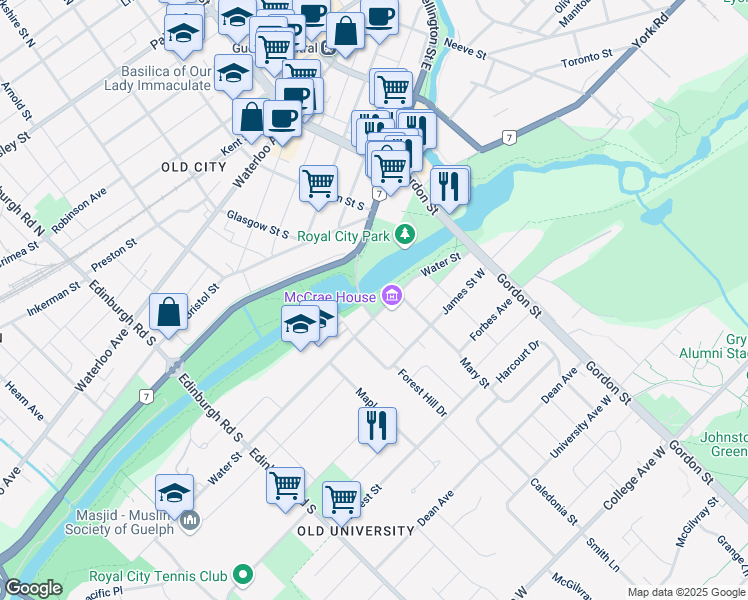 map of restaurants, bars, coffee shops, grocery stores, and more near 1 McCrae Boulevard in Guelph