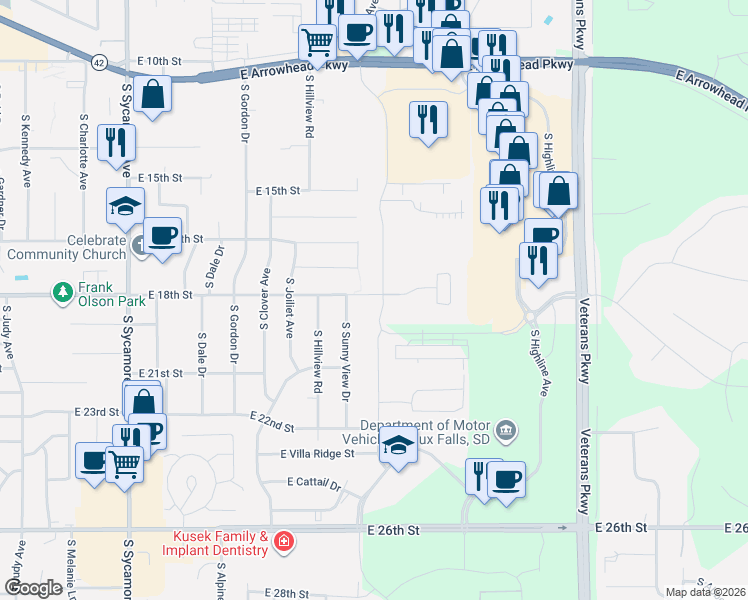 map of restaurants, bars, coffee shops, grocery stores, and more near 1200-1498 South Sunny View Drive in Sioux Falls