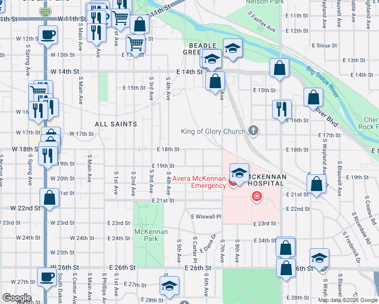 map of restaurants, bars, coffee shops, grocery stores, and more near 624 East 19th Street in Sioux Falls
