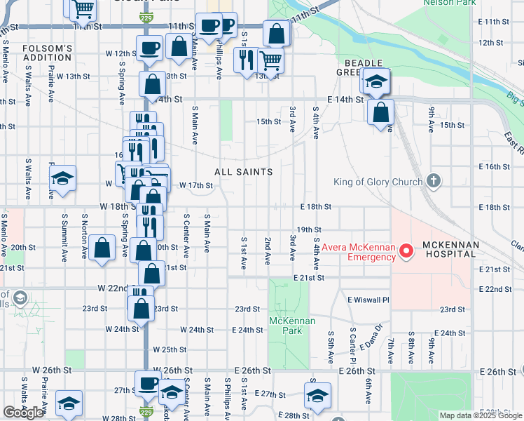 map of restaurants, bars, coffee shops, grocery stores, and more near 1015 South 2nd Avenue in Sioux Falls