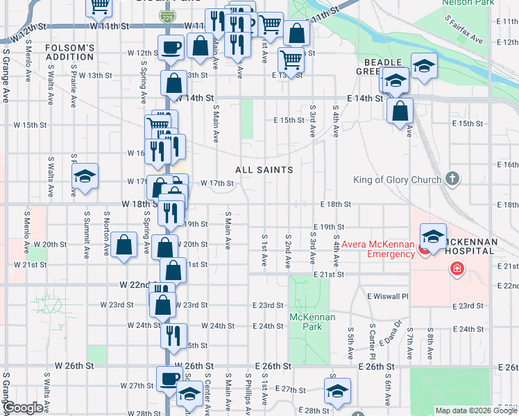 map of restaurants, bars, coffee shops, grocery stores, and more near 1016 South Phillips Avenue in Sioux Falls